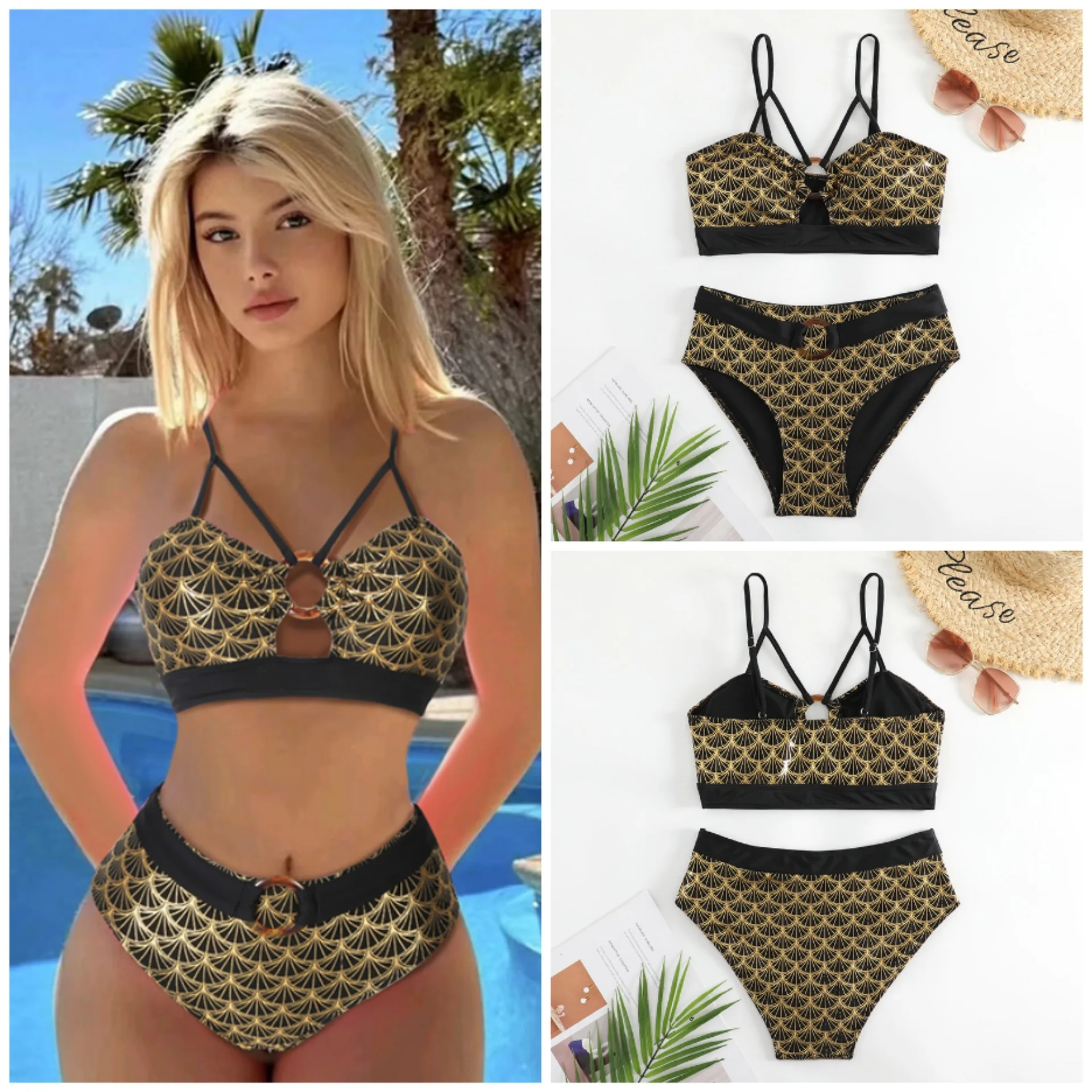 

Ring Linked Strape Bikini 2023 Women Golded print Fan Swimsuit Female High Waist Swimwear Bather Bathing Swimming Suit Beachwear