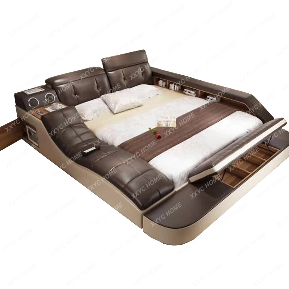 

real genuine leather bed with massage /double beds frame king/queen size bedroom furniture camas modernas muebles de