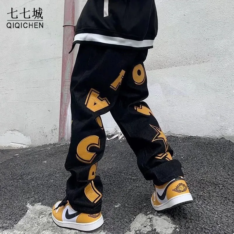 

Vibe Style Letter Print Jeans Men Streetwear Hip Hop Trousers Straight Baggy Denim Pants New Fashion Hip Hop Pantalones Black