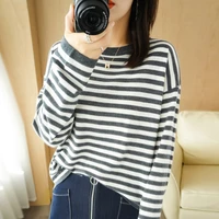 2022 new womens pullover knit sweater round neck horizontal stripes drop shoulders long sleeve loose fashion sweater tops