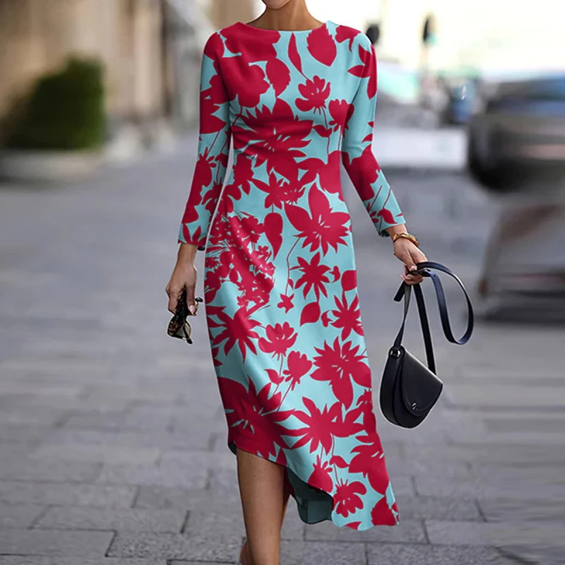

Vintage Pattern Print Irregular Midi Dress 2022 Women Fashion O-neck Loose Party Dress Office Casual Long Sleeve Commuter Dress