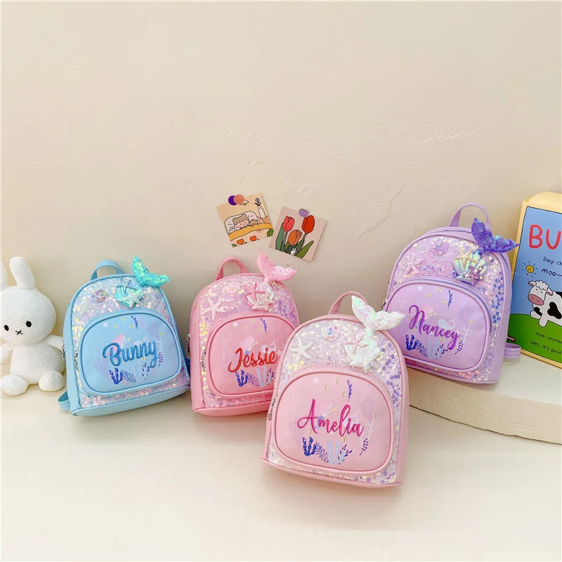

Детская сумка с вышивкой и именем, новинка весны 2023, Детский рюкзак для детского сада, милый рюкзак для маленькой принцессы с блестками и русалочкой
