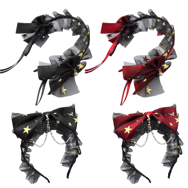 

Kawaii Pearl Headband Bowknot Bead Chain Ponytail Headdress Exquisite Headwear Gift Cosplay Halloween Xmas Fancy Party