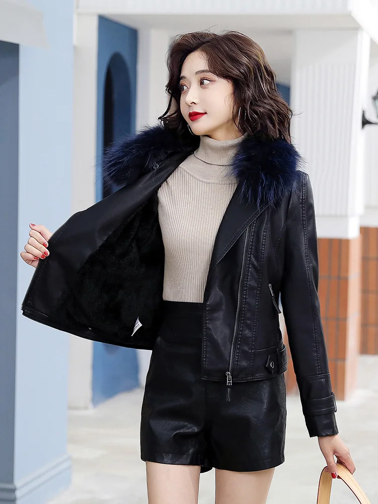 New Women Thicken Leather Jacket Autumn Winter Fashion Fox Fur Collar Plus Velvet Lining Slim Short Biker Coat Split Leather