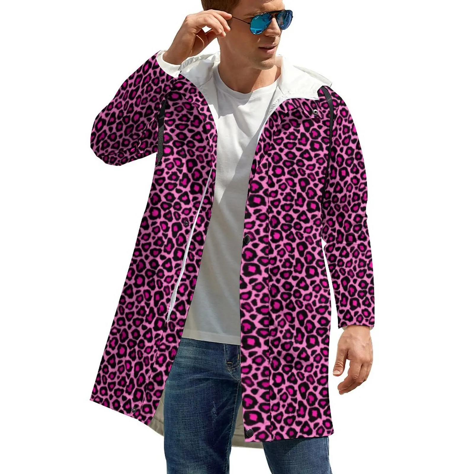 

Pink Leopard Windbreakers Animal Fur Print Long Trench Coats Streetwear Custom Autumn Jackets Casual Clothes Plus Size 4XL 5XL