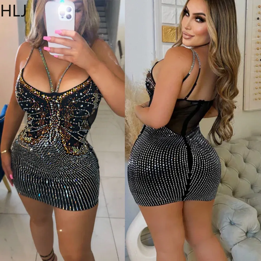 

HLJ Rhinestones Embellished Sparkly Women Sexy Birthday Dress Halter Backless Bodycon Mini Dress Black Night Club Party Wear