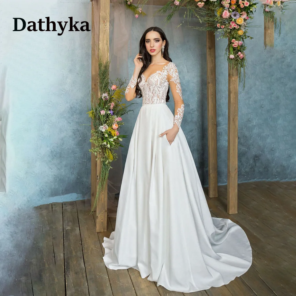 

Dathyka Appliques V-Neck Wedding Dresses For Mariages Elegant Lace Up Simple Zipper Full Sheath Floor-Length Button Illusion