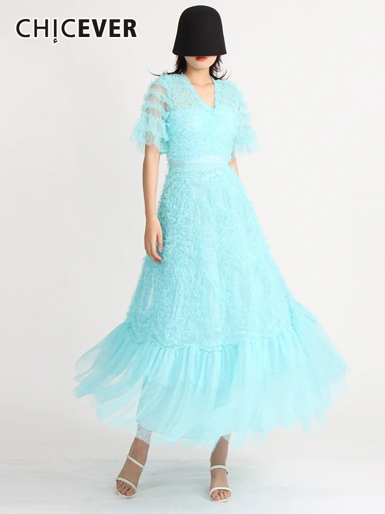 

CHICEVER, однотонные сетчатые платья для женщин, v-образный вырез, короткий рукав, высокая талия, лоскутные складки, летнее элегантное ТРАПЕЦИЕВИДНОЕ ПЛАТЬЕ средней длины, женское Новое