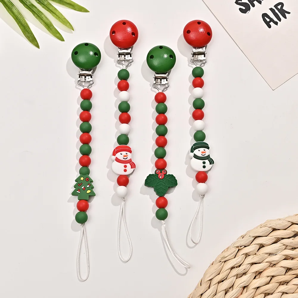 Baby Pacifier Clips Halloween Christmas Wooden Beads Teether Anti-drop Sooth Baby Pacifier Chain Nipple Holder Dummy Clips