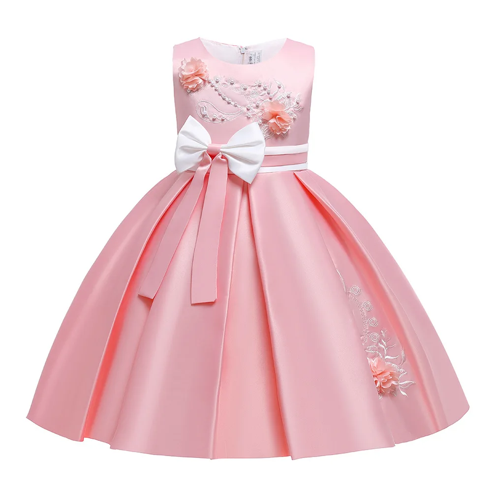 

2021 girls Christmas party dress for Girl's clothes Satin wine red princess dress beaded bow embroidered dress