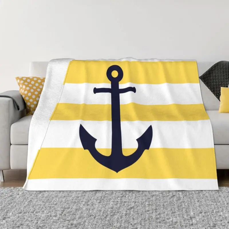 

Nautical Navy Blue Anchor Yellow Stripes Blankets Breathable Soft Flannel Sprint Sailing Sailor Throw Blanket for Sofa Bedroom