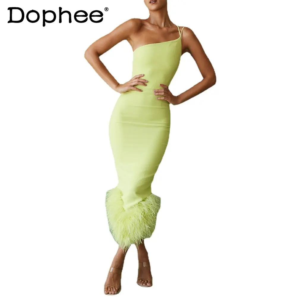 European American Women's Clothes Green French Strap Dress Female Ostrich Feather Stitching Elegant High-End Slimming Slip Dress