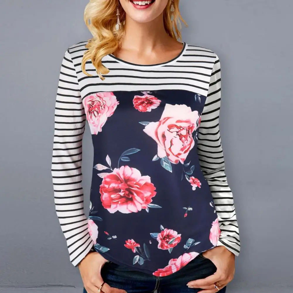 

Autumn T-shirt Crew Neck Autumn Blouse Floral Print Striped Splicing Pullover Top