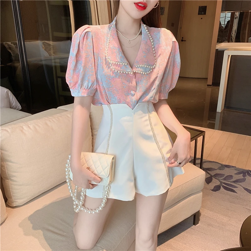

Han edition chiffon blouse make firm offers small hubble-bubble sleeve lapels wide-legged pants two-piece tide of tall waist sui