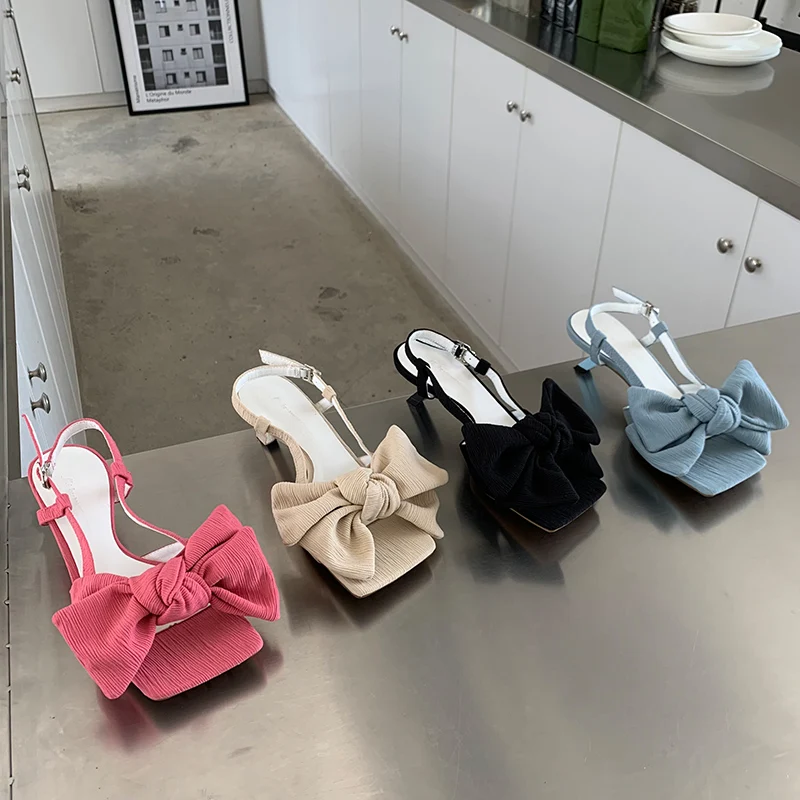 

Women Pumps Butterfly-knot Ladies Thin High Heels Shoe Blue Sandals 2022 Heels Square Toe High-Heeled Female Shoes For Women