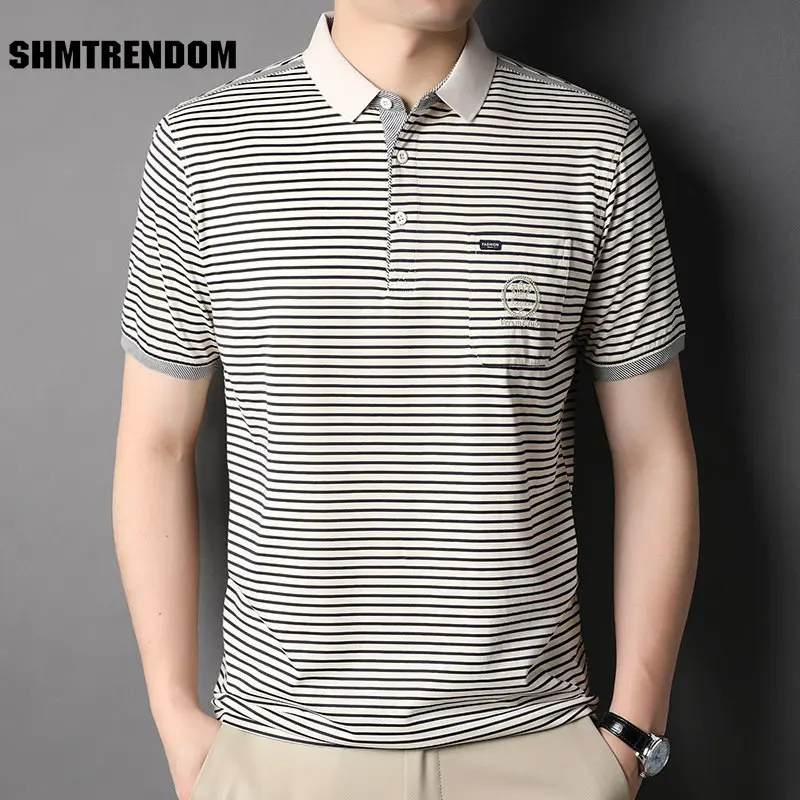 

SHMTRENDOM Summer Cotton Mens Polo Shirts High Quality Short Sleeve Striped Thin Male Tops Fashion Business Casual Man Tees 3XL