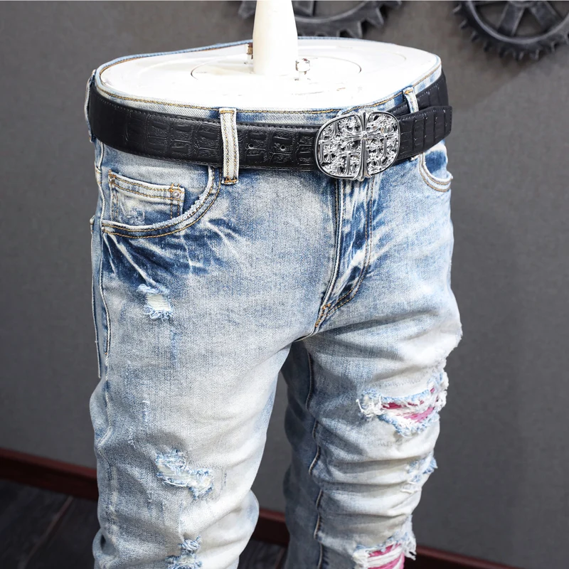 High Street Fashion Men Jeans Retro Light Blue Elastic Skinny Ripped Jeans Men Pink Patched Designer Hip Hop Brand Pants Hombre