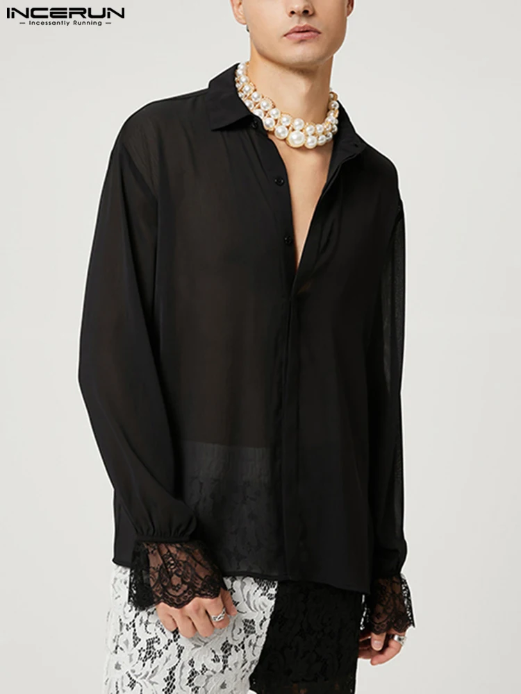 

INCERUN Men Shirt Lace Patchwork Lapel Long Sleeve Streetwear 2022 Translucent Camisas Button Fashion Casual Thin Shirts S-5XL