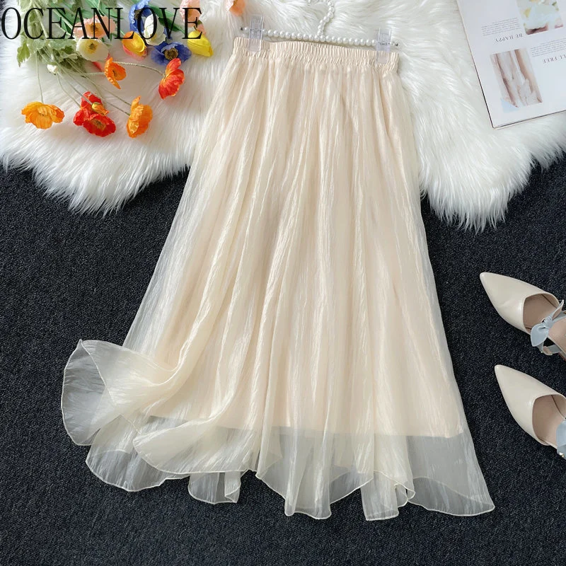 

Mesh Long Skirt Irregular A-line Summer Solid Sweet aldas Korean ashion High Waist Elegant Vintage Women Skirts