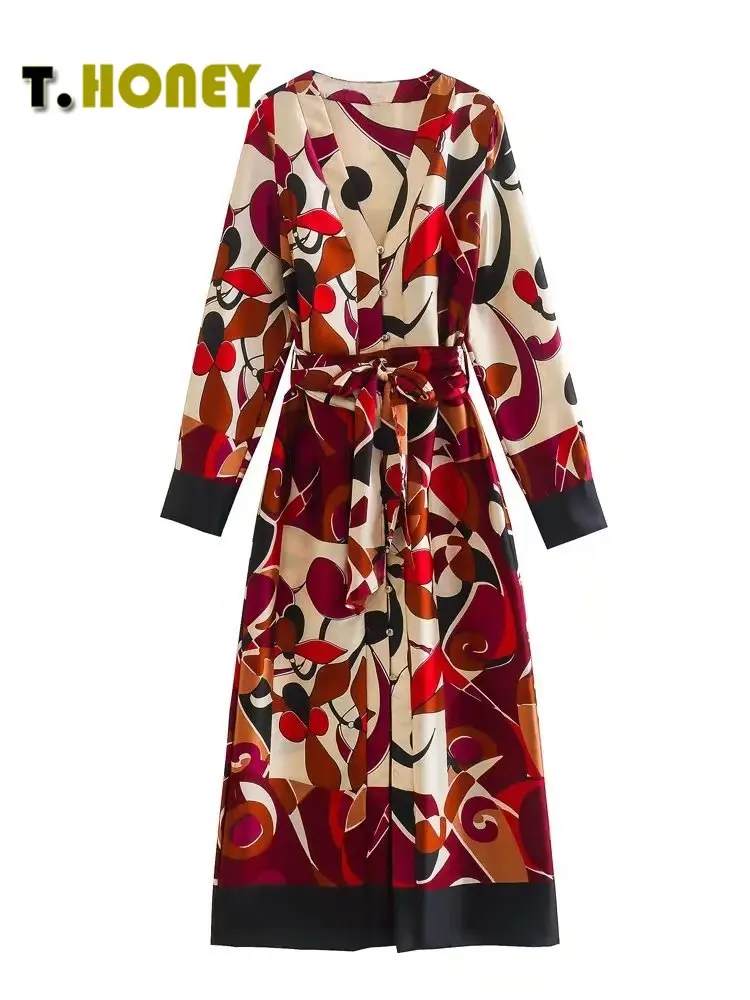 

TELLHONEY женское модное платье с принтом и поясом с длинными рукавами, женские повседневные однобортные плиссированные трапециевидные платья ...