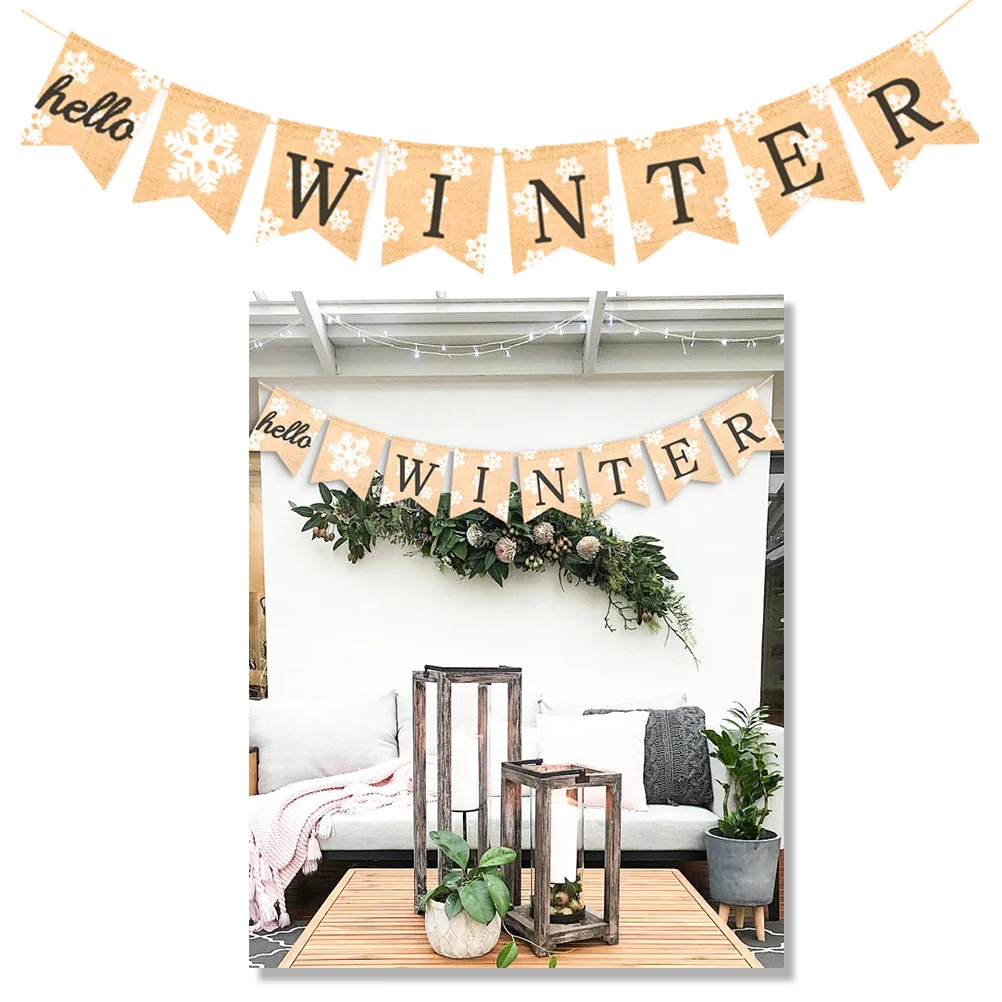 

Banner Winter Christmas Bunting Burlap Tree Holiday Fireplace Garland Banners Flags Hanging Year New Buntings Backdrop Party