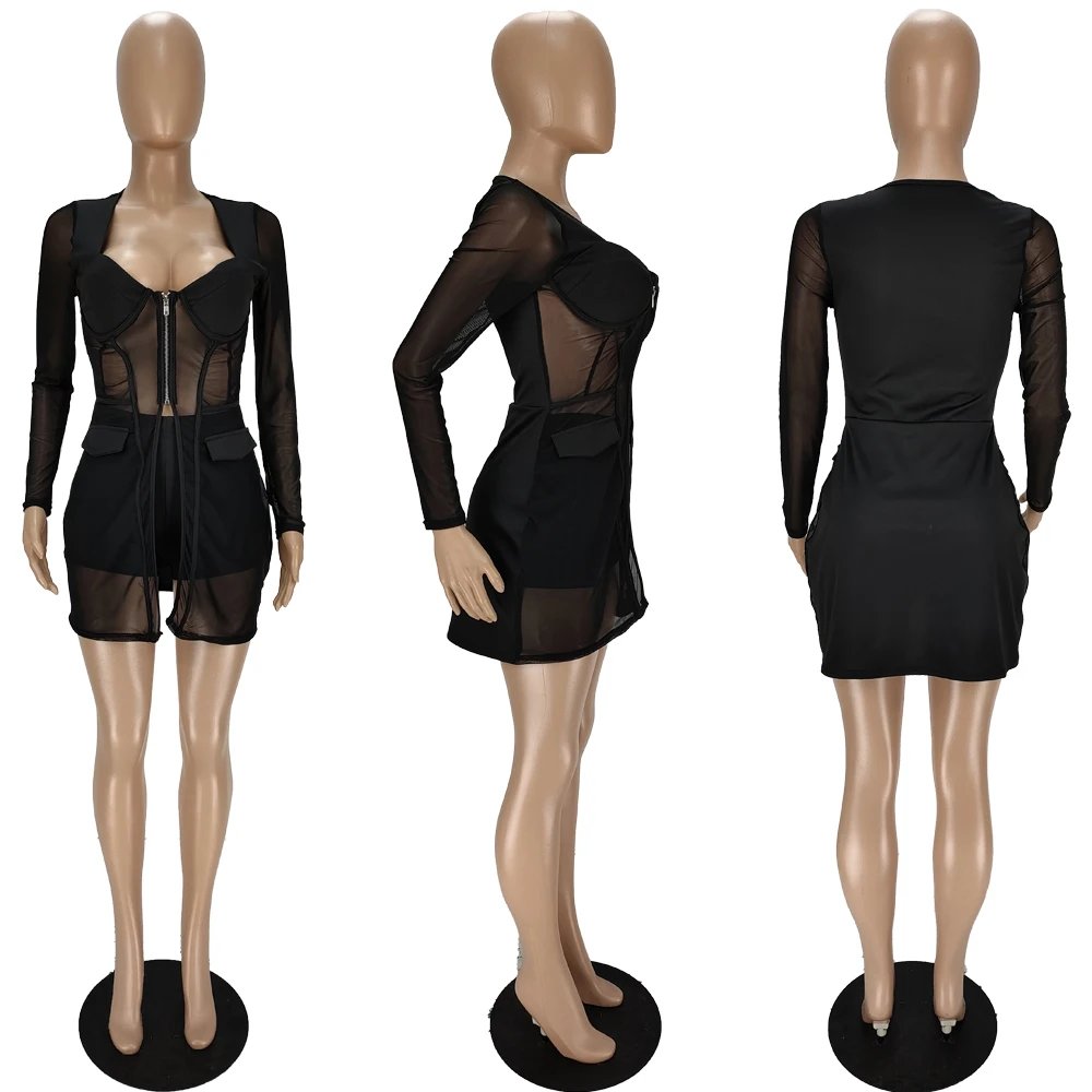 Сексуальный женский костюм летний сетчатый топ средней длины на молнии и шорты