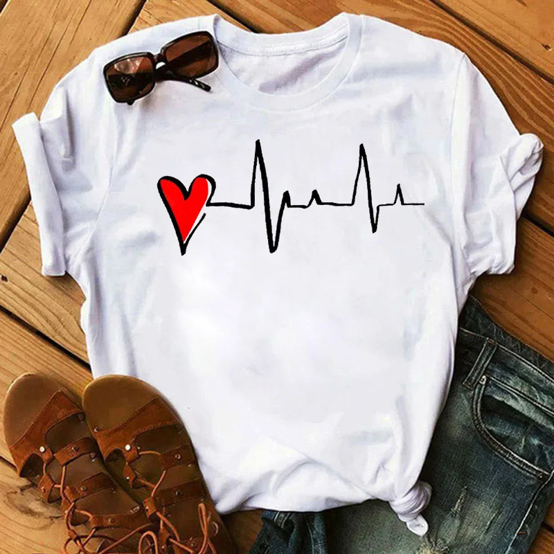 

New Fashion Women T-shirt Harajuku T-shirt Ladies Short Sleeve Tee Love Heartbeat Line Printed T-shirt Casual O-neck Top Tshirt