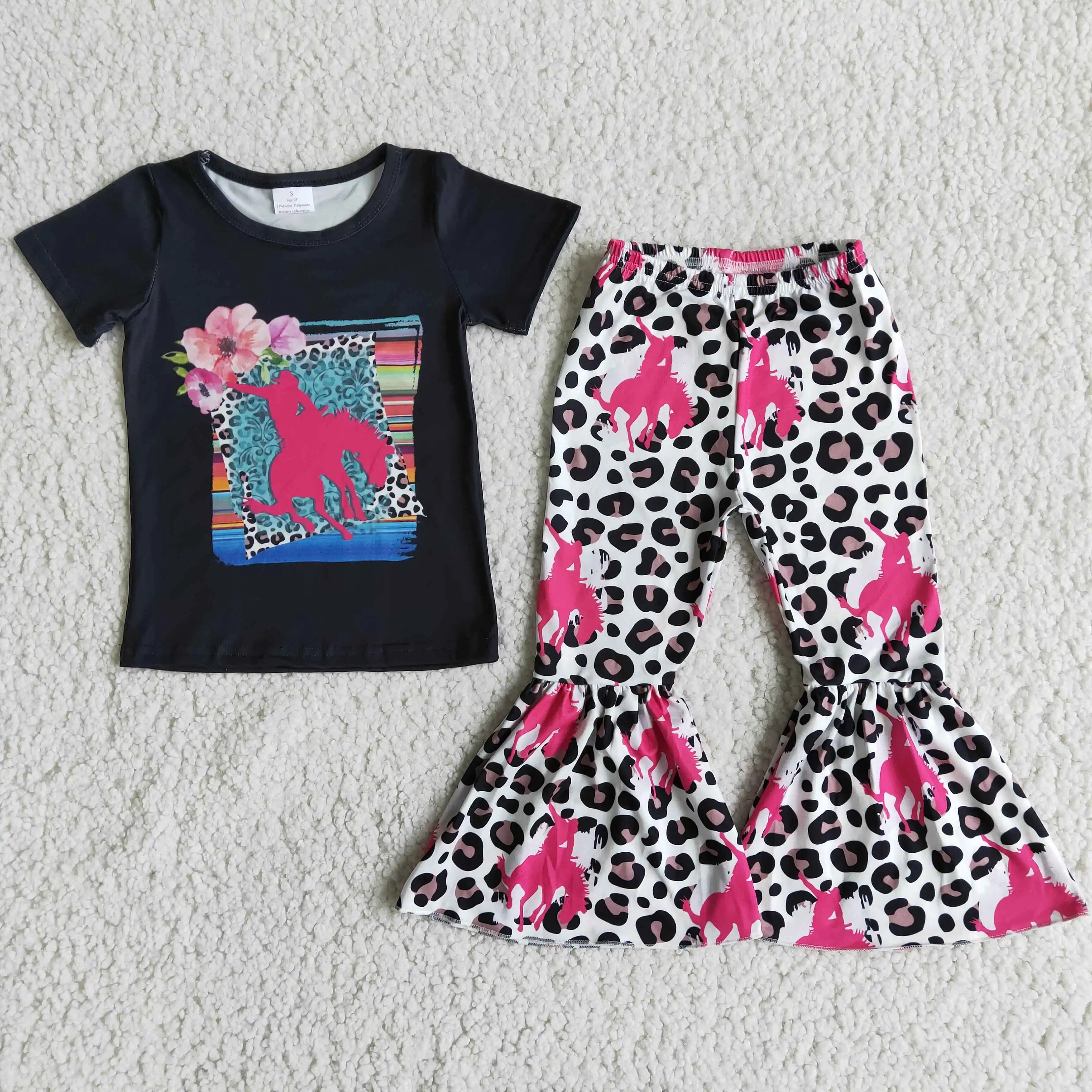 

W​holesale RTS NO MOQ Kids Bell Bottoms Boutique Baby Girls Leopard Sets Children Western Cowboy Outfits