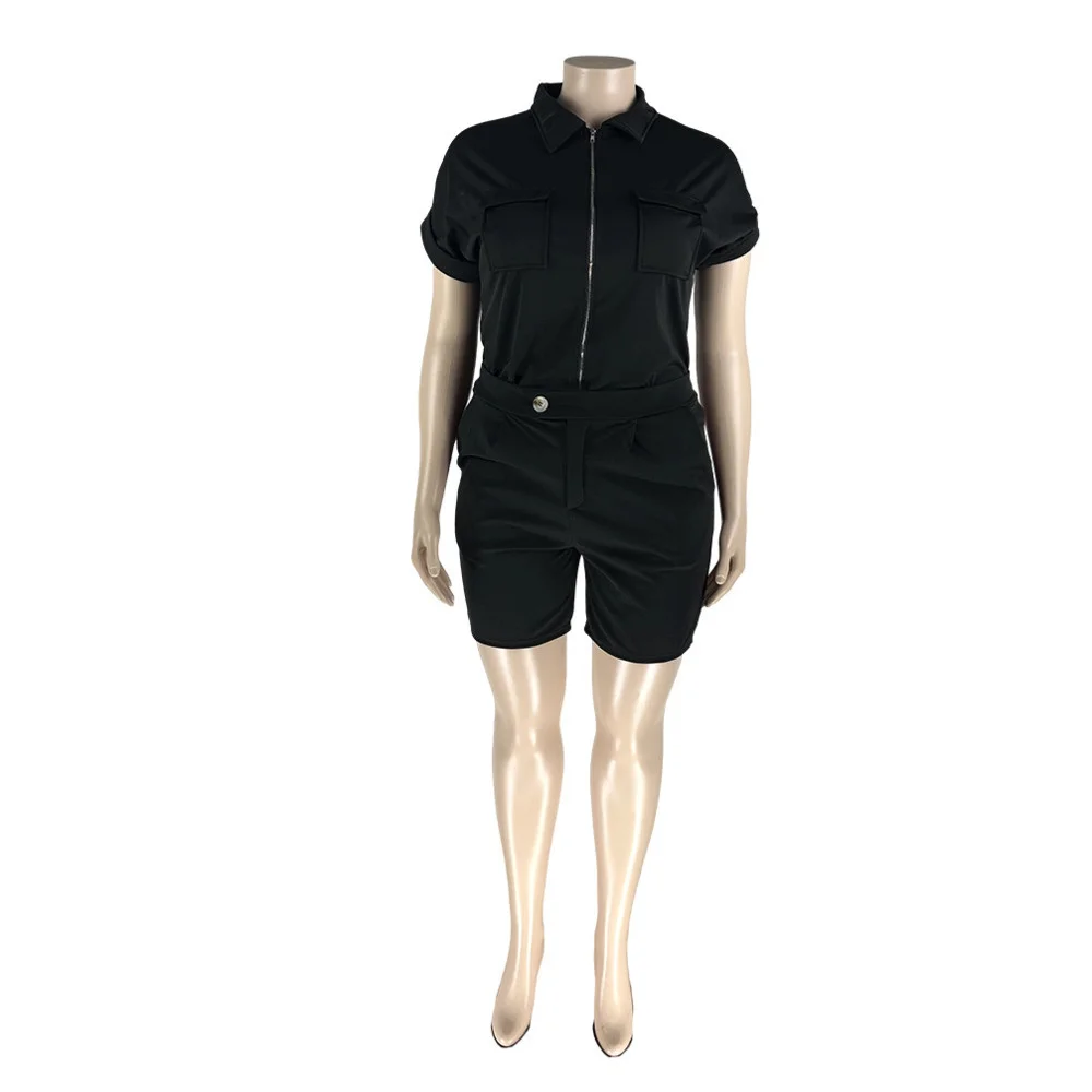 Plus Size Women Casual Shorts Two Pieces Set Fashion Pockets Turn Down Neck Short Sleeves t Shirt Sport Short 3xl 4xl 5xl 6xl