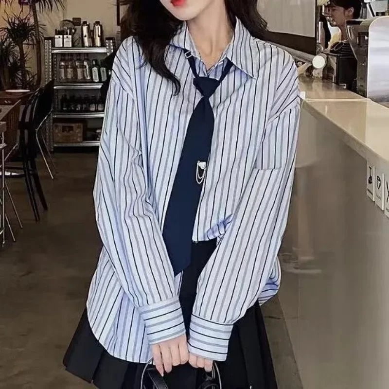 Полосатая синяя рубашка японская модная женская блузка 2024 консервативный топ в