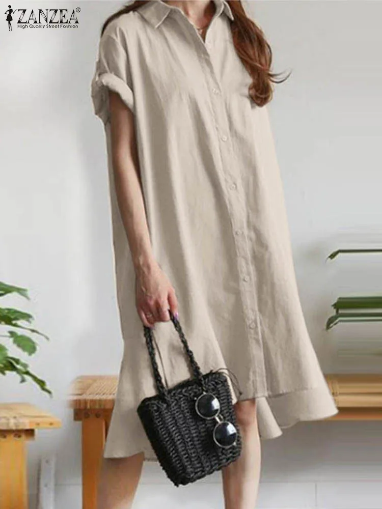 

Summer Fashion Lapel Neck Short Sleeve Loose Sundress ZANZEA Stylish Women Solid Shirt Dress Robe Femme Casual Work Midi Vestido