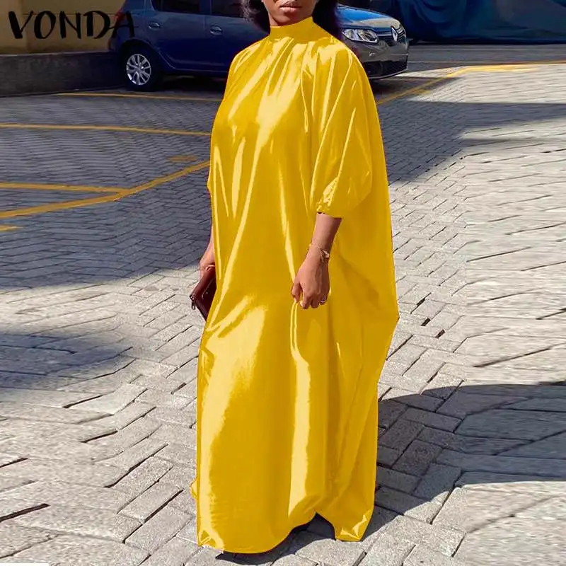 

Women Maxi Long Dress 2022 VONDA Vintage Long Sleeve Baggy Robe Femme Long Maxi Dress Pleated Round Neck Vestido Femininas
