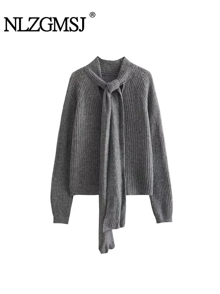 Женский свитер Nlzgmsj TRAF 2024 новый минималистичный дизайн с бантом украшение