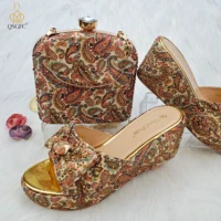 qsgfc vintage exquisite gold color paisley pattern butterfly design ladies middle heel sandals shoe bag set