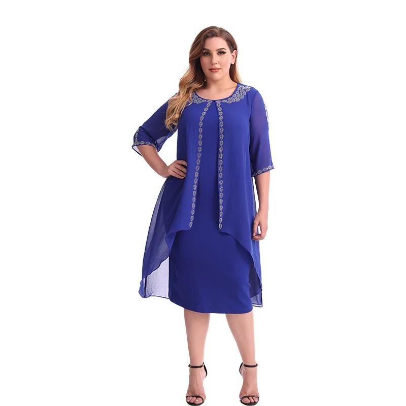 

Plus Size Elegant Evening Dress Long O-Neck Knee-Length Fake Two Gown 2022 Ever Pretty of Prom Party Solid Color Women Dress