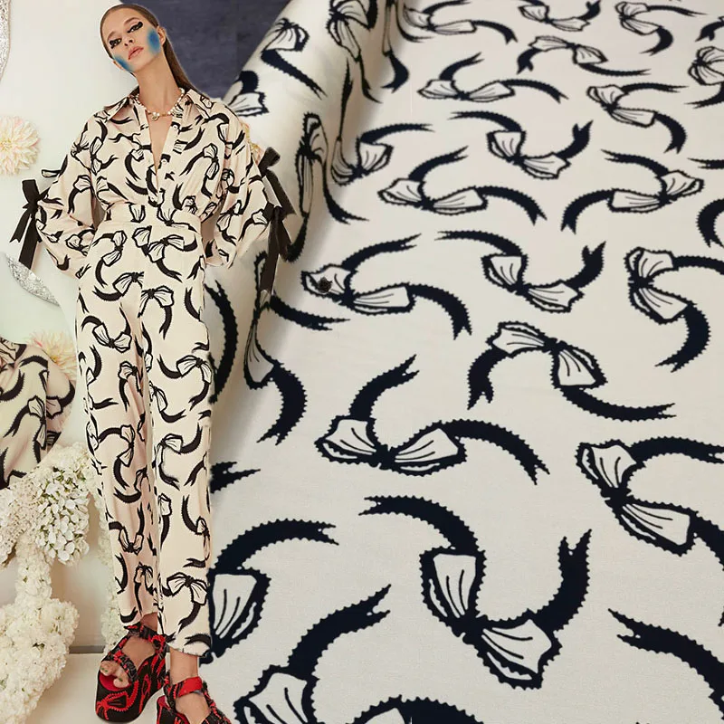 

Mulberry Silk Stretch Double Joe Fabric Brand Fashion Design for Dress Shirt Bow Print Clothing Sewing by the Meter Wholesale