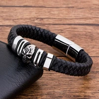 tyo high quality stainless steel magnet charm black leather bracelet for men skull jewelry accessories punk rock bangles