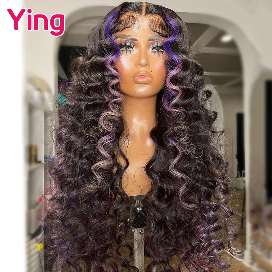 Ying 180%13x4 Curly Lace Frontal Wig Highlight Purple Colored Lace Wig 13x6 Loose Deep Wave Human Hair Wigs PrePlucked For Women