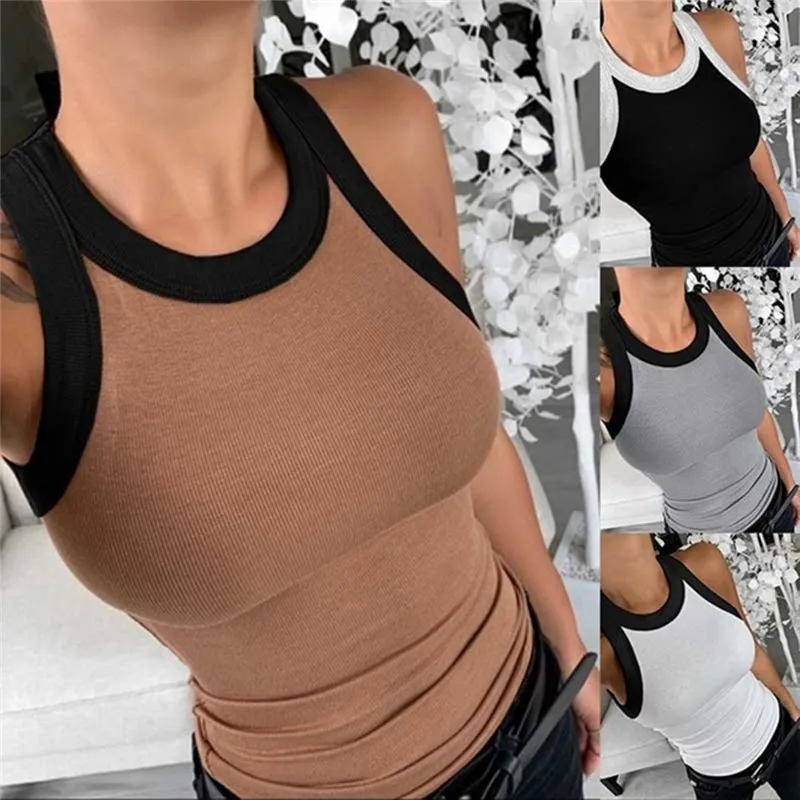 

Майка женская в рубчик, базовая эластичная майка с круглым вырезом, однотонная майка, лето