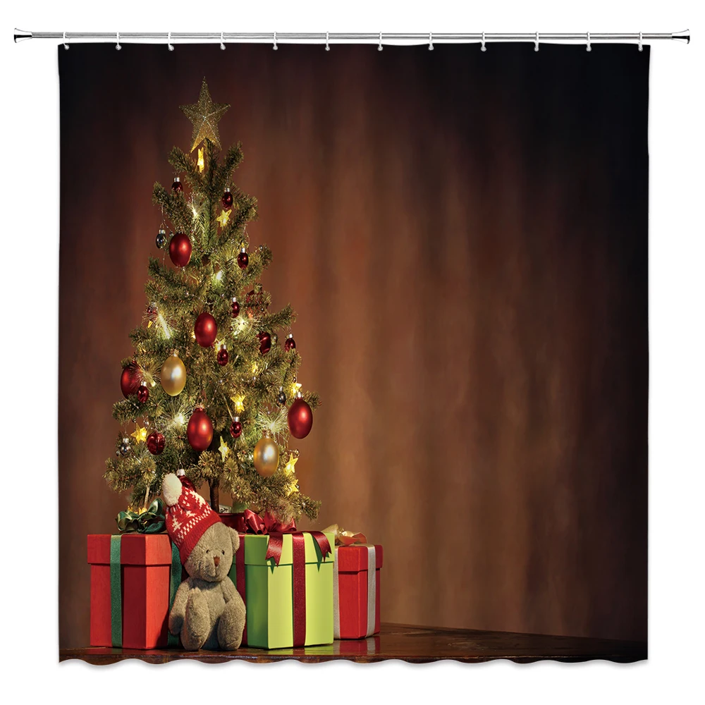 

Christmas Tree Gift Bathroom Waterproof Fabric Polyester Shower Curtain 12 Hooks Bathtub Accessory Winter Snow Fir Forest