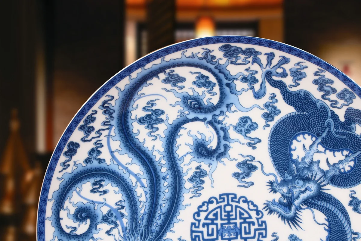 Синяя и белая тарелка для сиденья с изображением дракона феникса подвесная