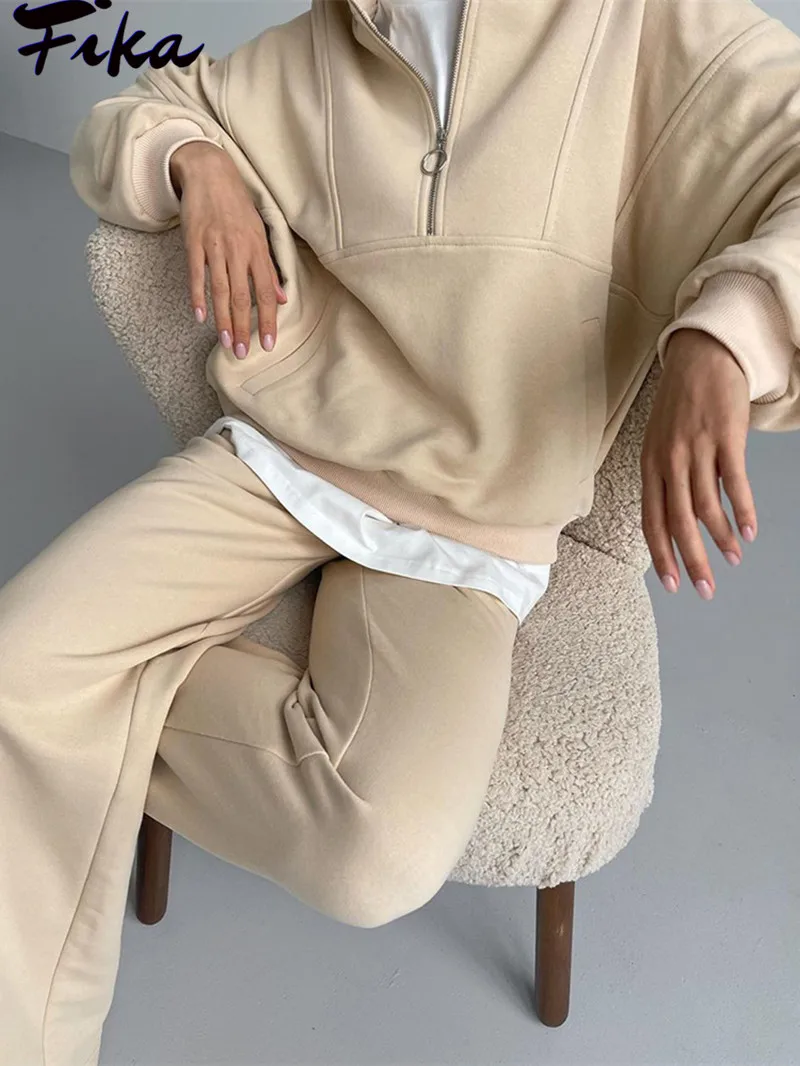 2022 Women New Autumn Winter Casual Solid Long Sleeve Zip Top High Waist Wide Leg Trousers Two Pieces Set Oversized Tracksuits