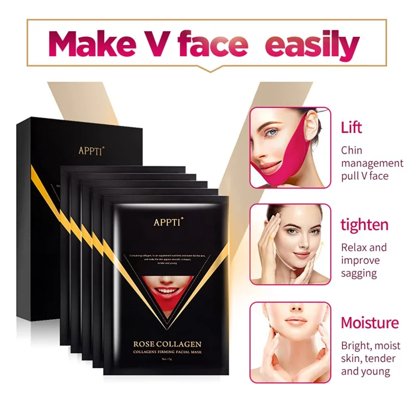 

5Pcs/Box V Line Shaping Face Masks Lifting Rose Hydrogel Collagen Mask Anti-Aging and Anti-Wrinkle Band Double Chin Toning Strap