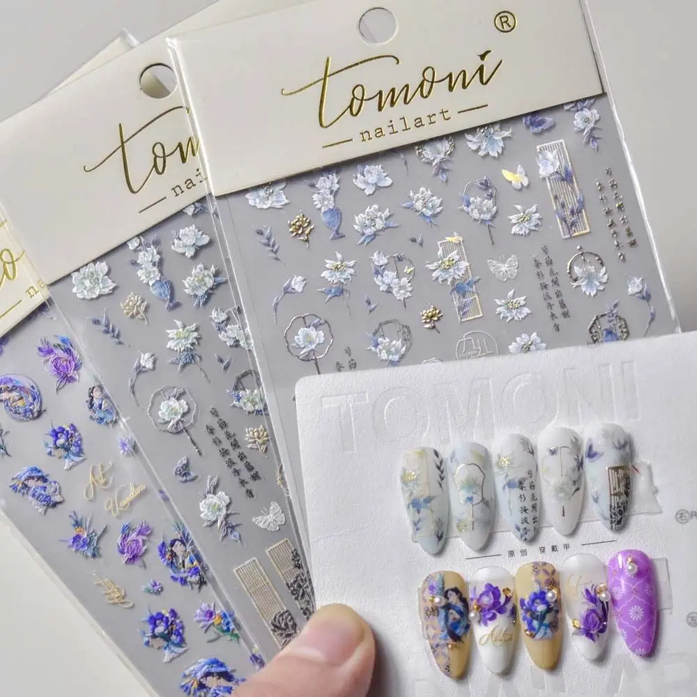 

1PC Chinese Flower Nail Stickers Manicure Accessories Ancient Costume Fan Nail Decorations 5D Relief Stickers Leaves Nail Decals