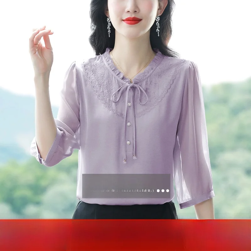 Шелковый топ женская рубашка с рукавом три четверти новые летние шелковые