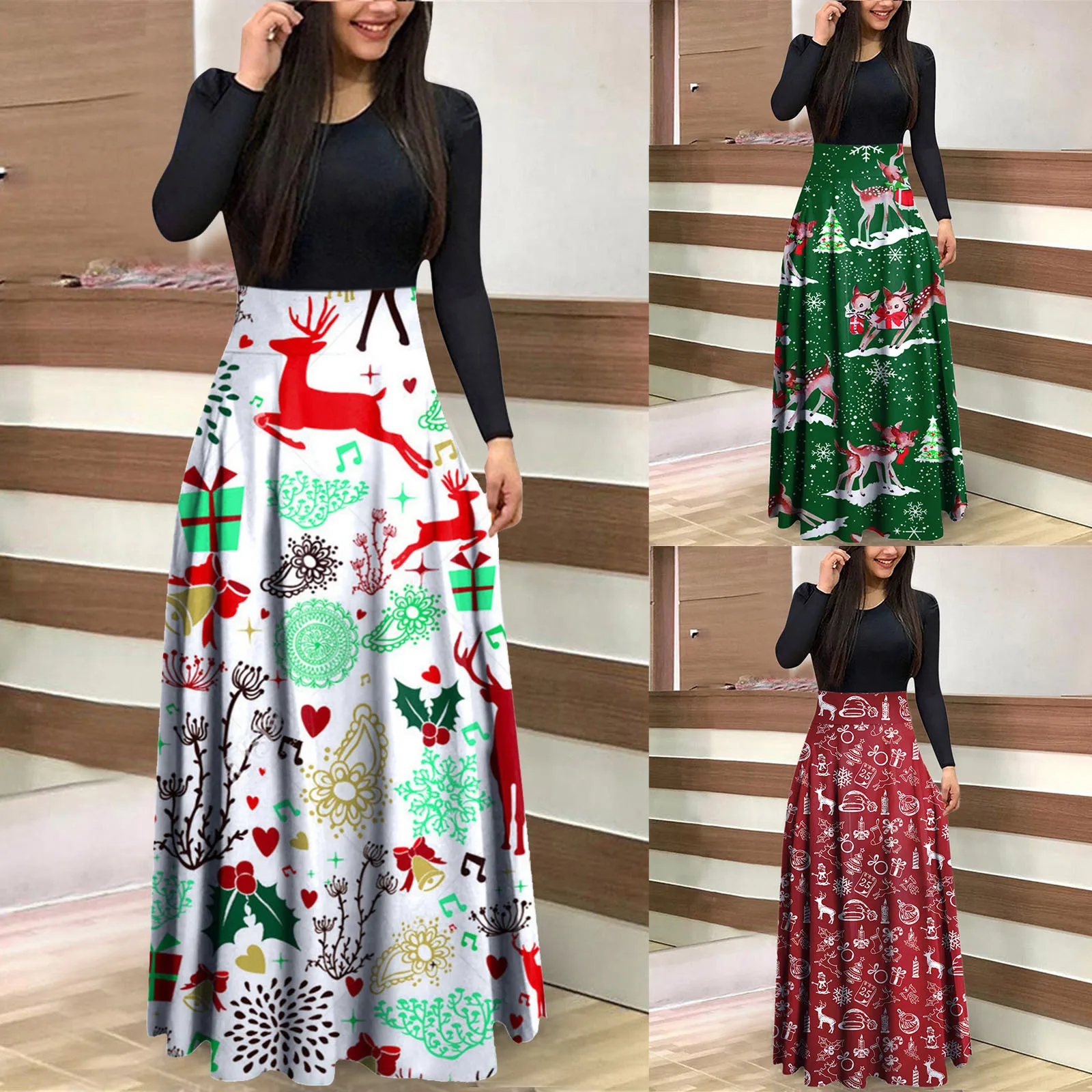 

Женское платье с цветочным принтом, длинным рукавом и круглым вырезом