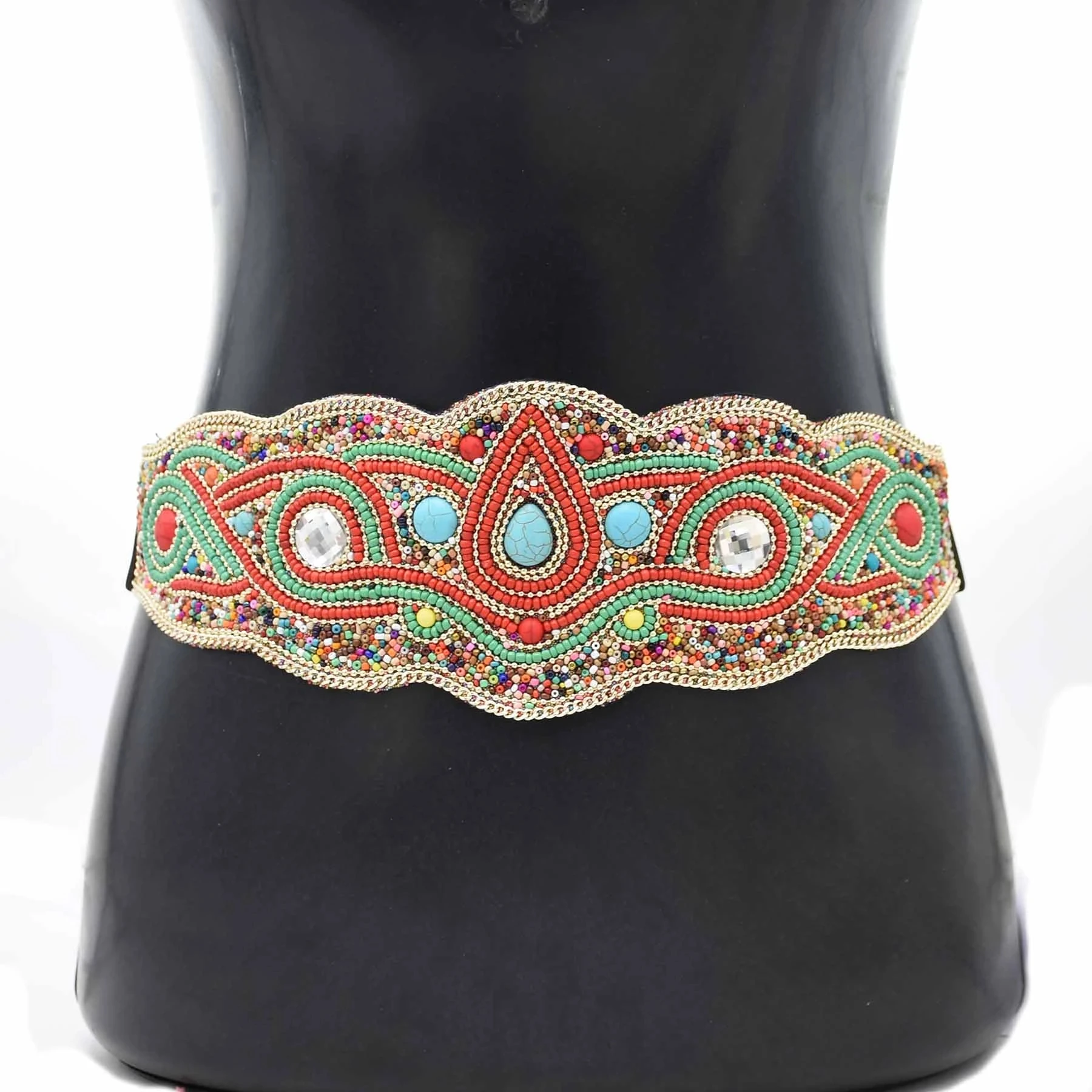 

Bohemian Multicolor Resin Beads Turquoise Statement Wide Waist Chain Tibetan Clothing Dress Belt Waistbands Ethnic Body Jewelry