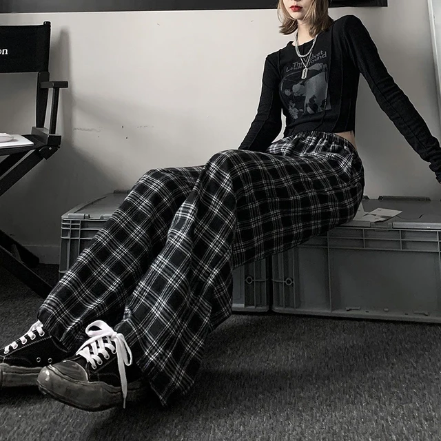 Kobiety wysokiej talii spodnie w kratę amerykański Retro dorywczo luźna szeroka spodnie nogi kobiet Harajuku Hip-Hop wszystkie mecze spodnie wiosna nowy 5