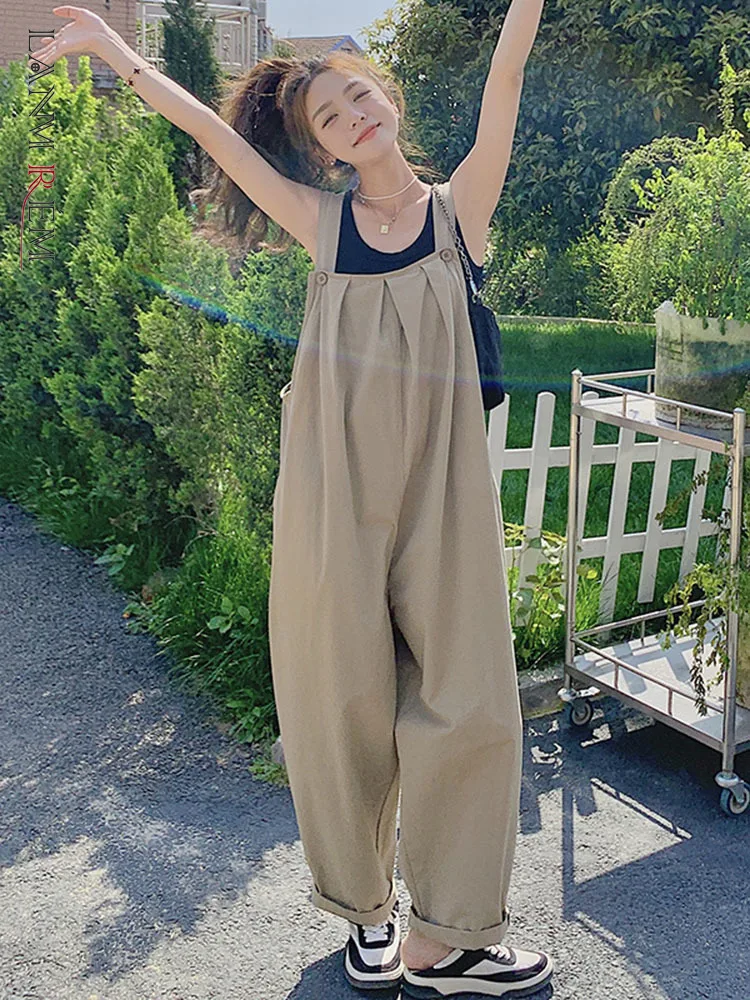 

LANMREM Women Solid Color Loose Jumpsuit Sleeveless Pocket Wide Leg Straight Pants Female Fashion Clothing 2022 Summer 2I777