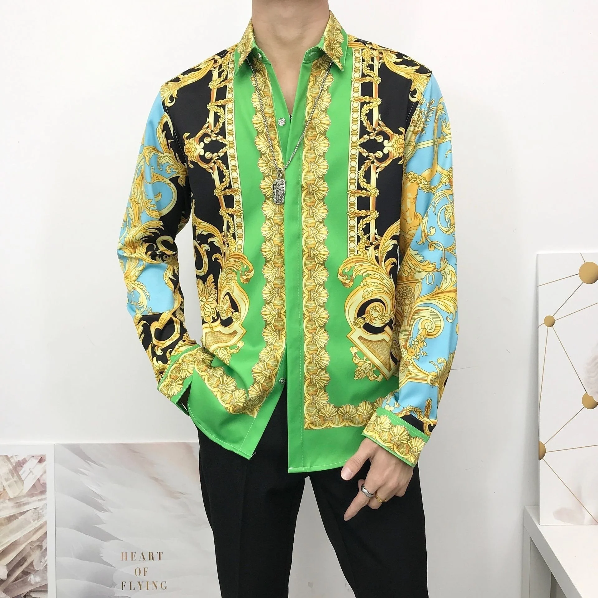 

High Quality Designer Baroque Party Shirt Night Club Stage Social Shirt Luxury Palace Pattern Gold Black Shirt For Men